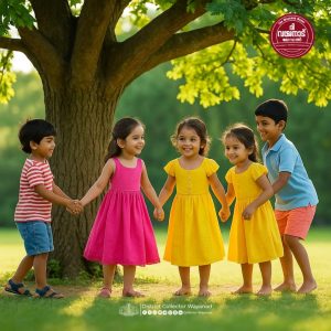Children in bright yellow, pink and striped outfits hold hands under a large tree, recalling the one-year mark of Mundakkai-Chooralmala, Wayanad.